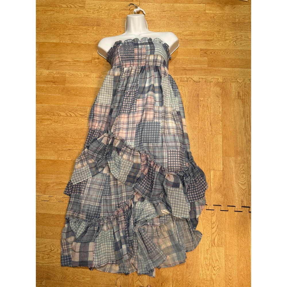 Life Blue Pink Patchwork Plaid Smocked Maxi Dress Skirt High Low Ruffle XL